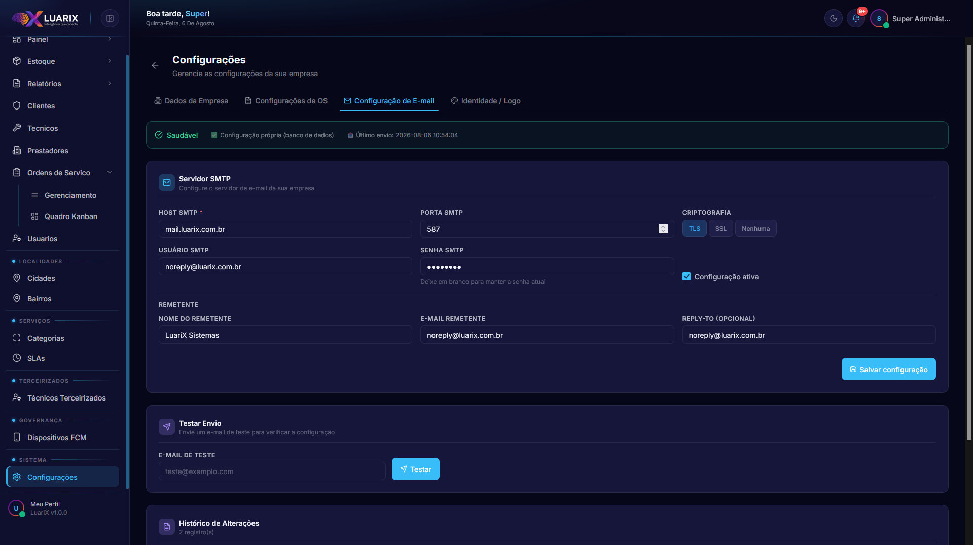 Configurações — Aba E-mail