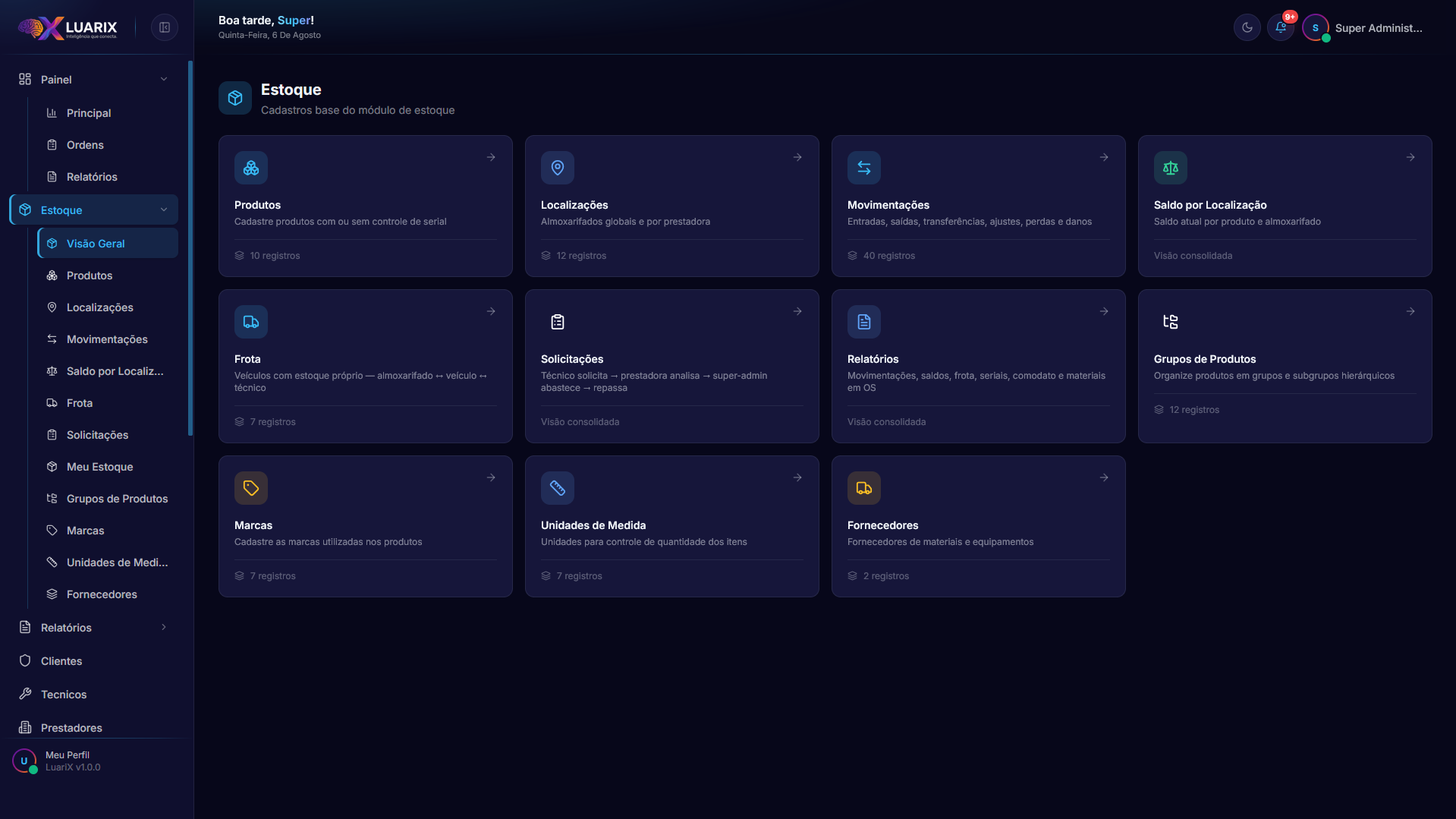 Hub do estoque — visão geral com os cadastros