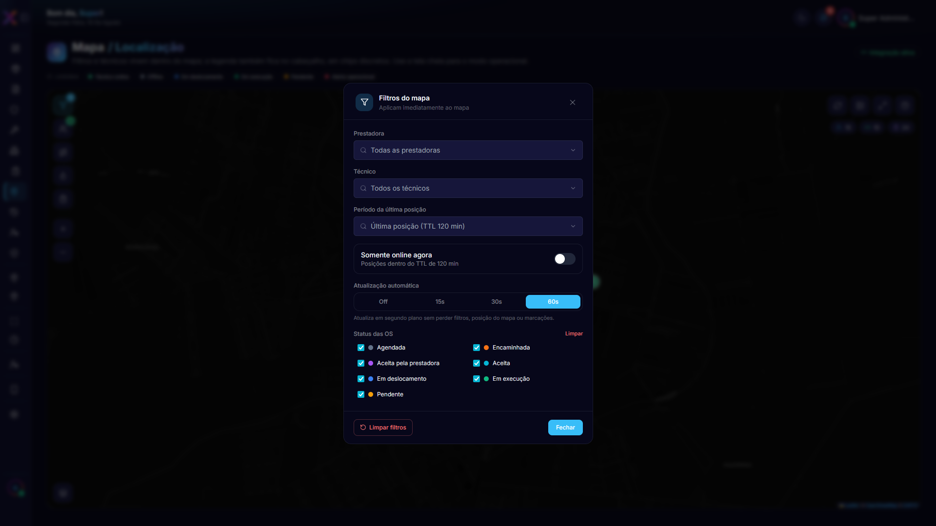 Modal de filtros do mapa