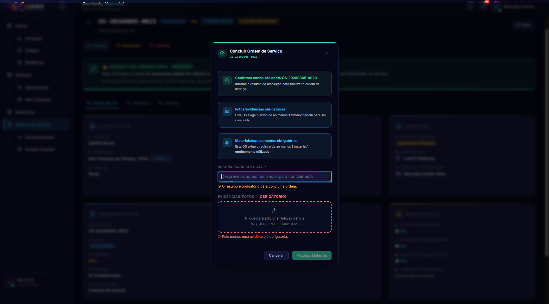 Modal de conclusão da OS